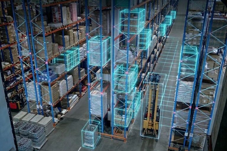 3PL warehouse with digital overlay showing the visibility of inventory that third-party logistics operations gain with PowerHouse WMS.