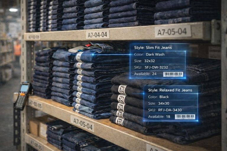 Stacks of jeans on a rack with style-color-size matrix variant overlay showing inventory management supported by PowerHouse WMS in a warehouse setting.