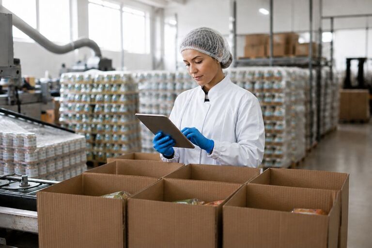 Woman inspecting food in a food & beverage distribution warehouse.